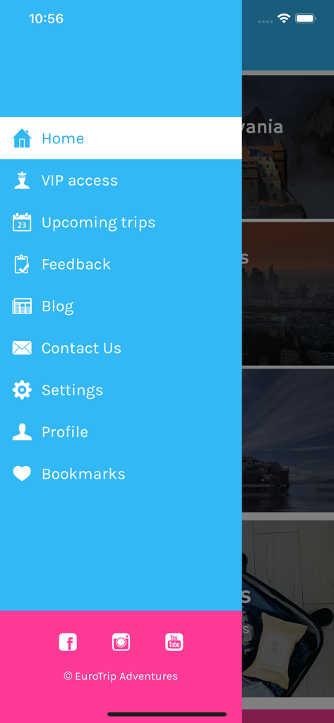 EuroTrip Adventures - Seitennavigationsmenü der EuroTrip Adventures App mit Kategorien wie Home, VIP-Zugang und bevorstehende Reisen