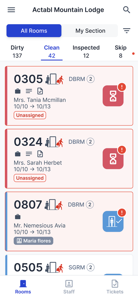 Alice by Actabl - Mobile app dashboard showing hotel room statuses and staff assignments for Alice by Actabl