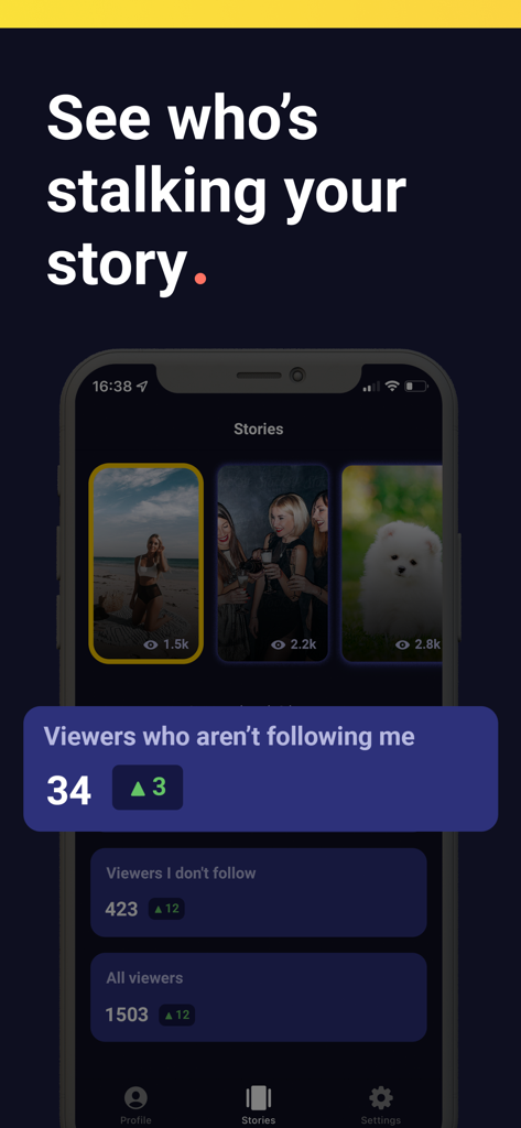 Who Stalks: Unfollower Tracker - Dashboard of Who Stalks app displaying story viewer statistics and unfollower tracking.