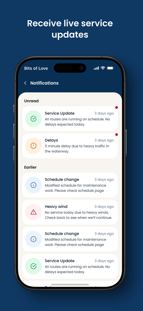 DeWaterbus - DeWaterbusアプリでリアルタイムの運行通知を表示するスマートフォンの画面