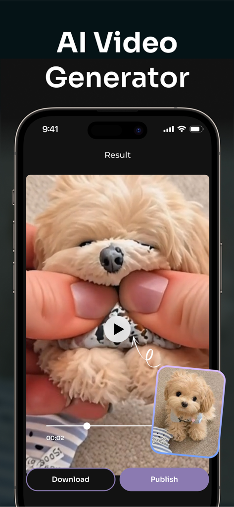 X Art: AI Photo Generator - Interface of an AI video generator app showing an animated fluffy puppy