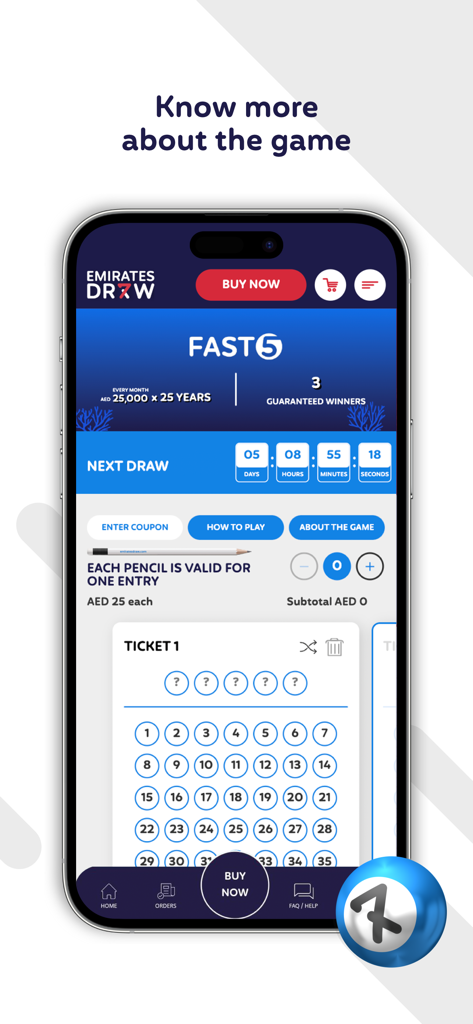 Emirates Draw - Emirates Draw app interface for FAST5 game showing number selection grid and draw countdown.