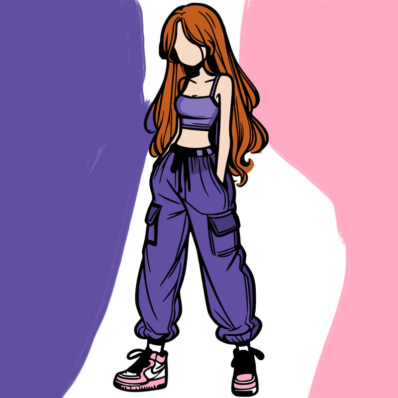 girl in baggy pants crop top and long hair