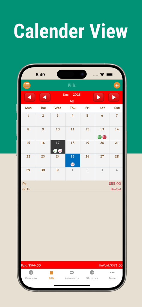 A mobile app screen showing a calendar with bill payment statuses and monthly totals