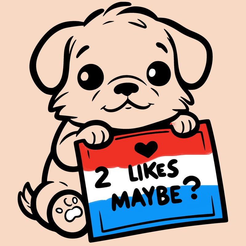 a puppy holding a sign that says 2 likes maybe?
