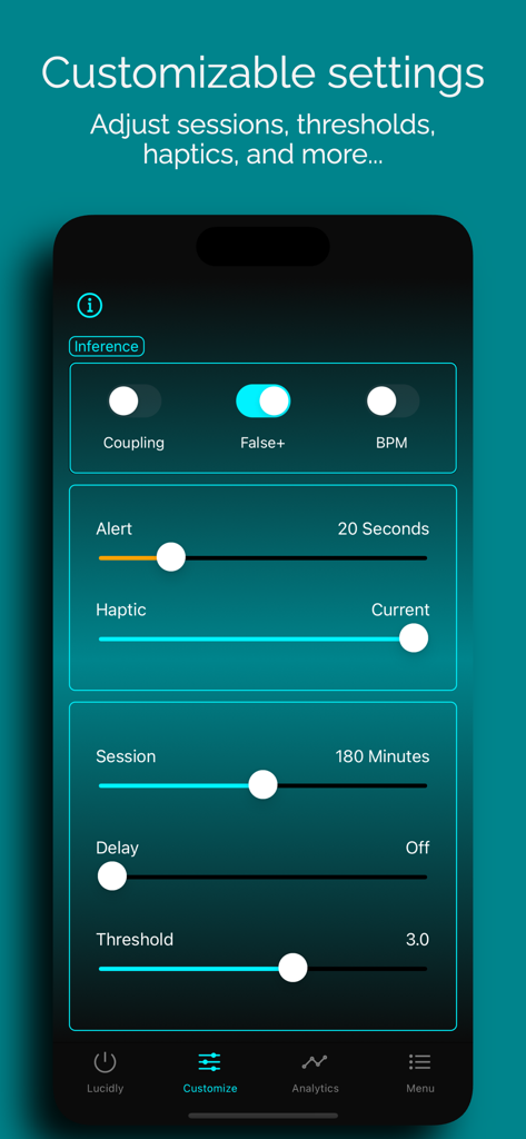 Lucidly - Ein Screenshot der Lucidly-App, der anpassbare Einstellungen für die REM-Erkennung zeigt, einschließlich Alarmdauer, haptischem Feedback und Sitzungsschwellenwerten.