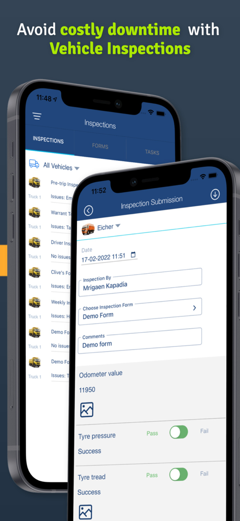 Interfaccia dell'app Simply Fleet che mostra i moduli di ispezione digitale dei veicoli e una checklist di manutenzione su uno smartphone.