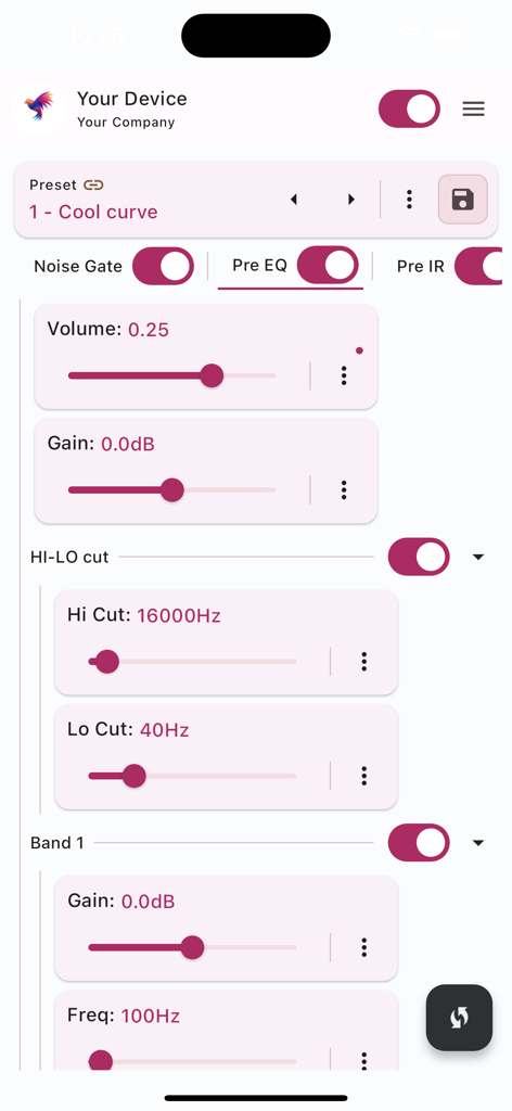 VoidX-Control - VoidX-Control app interface showing audio configuration settings with sliders for volume and gain along with frequency cutoff controls.