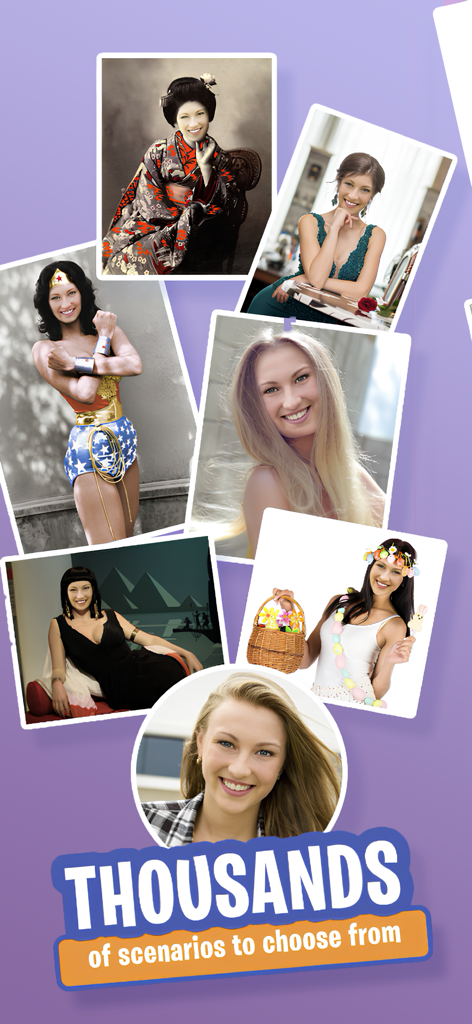 FACEinHOLE® - A collection of photo templates showing a woman face swapped into various characters and costumes.