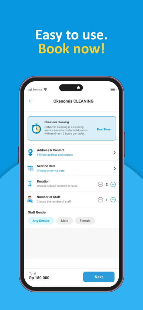 OKHOME - Handybildschirm, der die Buchungsoberfläche der OKHOME-App für Reinigungsdienste anzeigt, einschließlich Optionen für Dauer und Personalauswahl