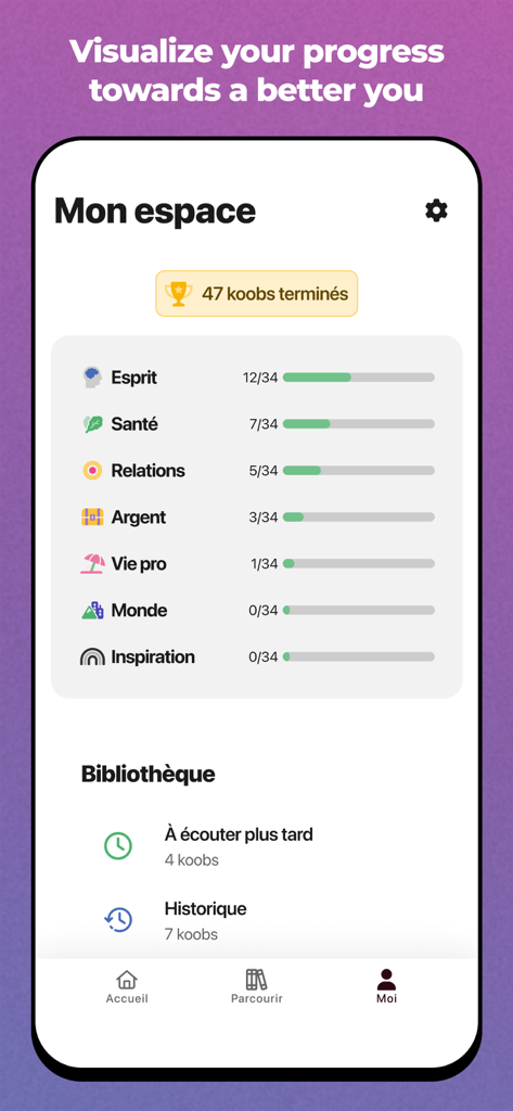 Koober : podcasts de livres - Koober app screenshot showing a user dashboard with progress bars for various learning categories and a summary of completed content.