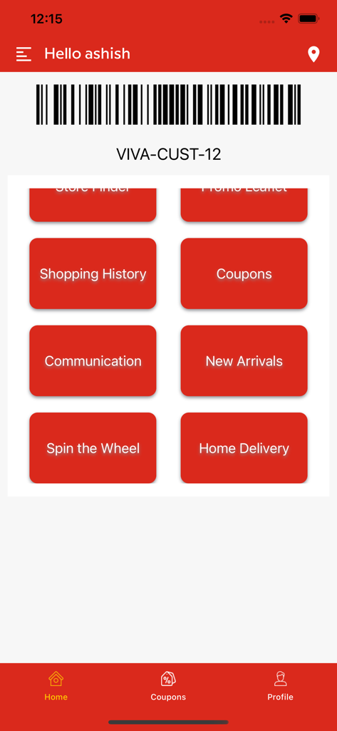 Ecrã inicial da aplicação VIVA Plus+ com um código de barras de fidelidade digital e botões de menu principais como Cupões e Histórico de Compras
