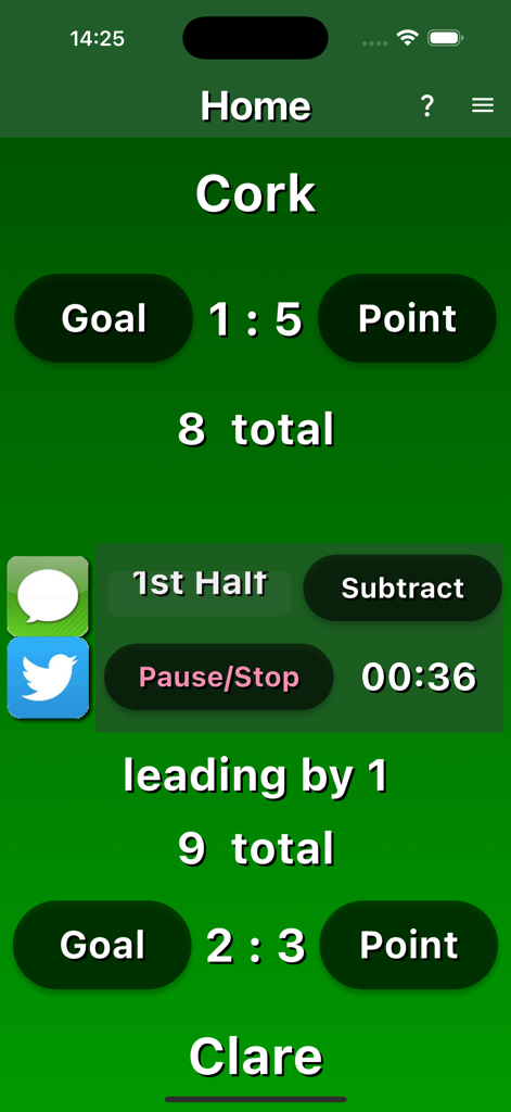 GAA Score - GAA Score app interface showing goal and point tracking for a match between Cork and Clare