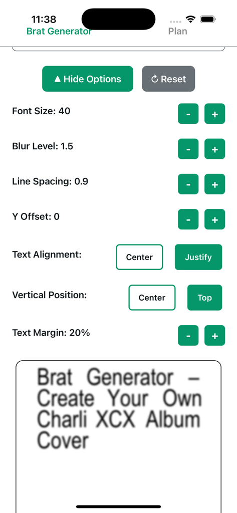 Settings interface of the Brat Generator app for customizing text and blur effects