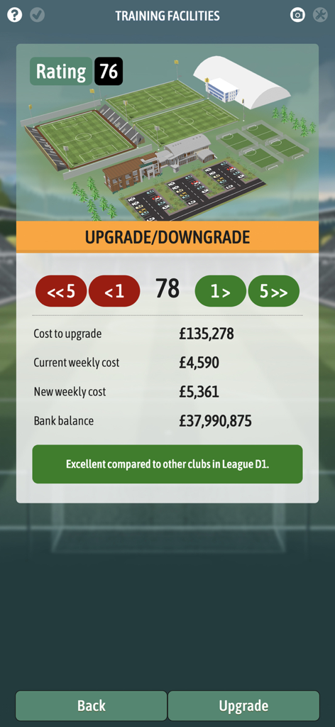 Football Chairman Pro 2 - Football Chairman Pro 2 training facilities upgrade screen with facility rating and financial details