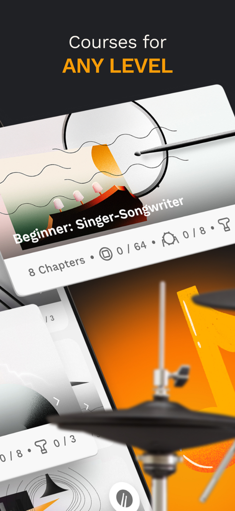 Beatlii: Drum Lessons - Beatlii app screen displaying drum lesson courses for all skill levels from beginner to advanced
