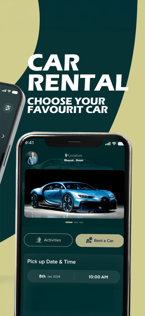 Safarjala - マスカット、オマーンでの高級車と日付選択ツールを表示するレンタカー予約のためのSafarjalaモバイルアプリインターフェース。