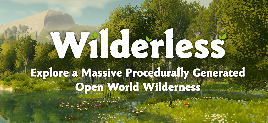 Wilderless game title screen showing a lush green landscape with a peaceful pond and mountains