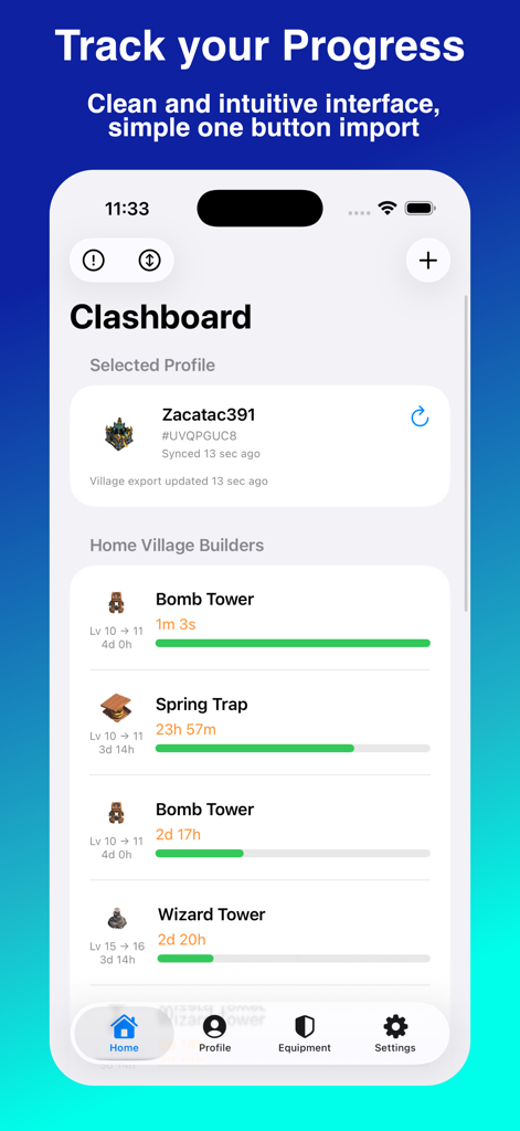 Clashboard - Écran d'accueil de l'application Clashboard affichant les améliorations actives des ouvriers et les barres de progression pour Clash of Clans
