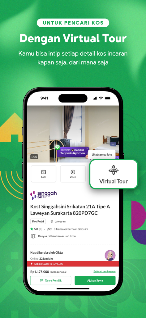 Mamikos app property page featuring a 360 virtual tour button for an Indonesian rental listing
