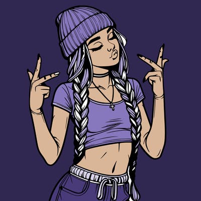 realistic teenage girl with braids and a beanie and crop top doing 🫶🏼