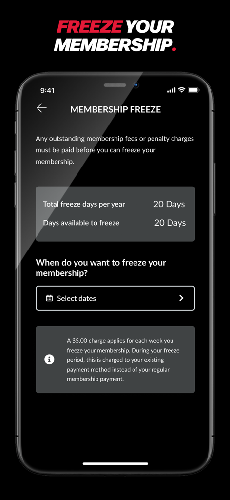Zap Fitness - Zap Fitnessアプリのモバイルインターフェース。日付を選択したり、利用可能な一時停止日を表示したりするオプションが表示された会員資格一時停止機能を示しています。