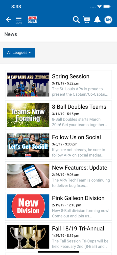 APA Pool League - News feed in the APA Pool League app showing updates for divisions and events