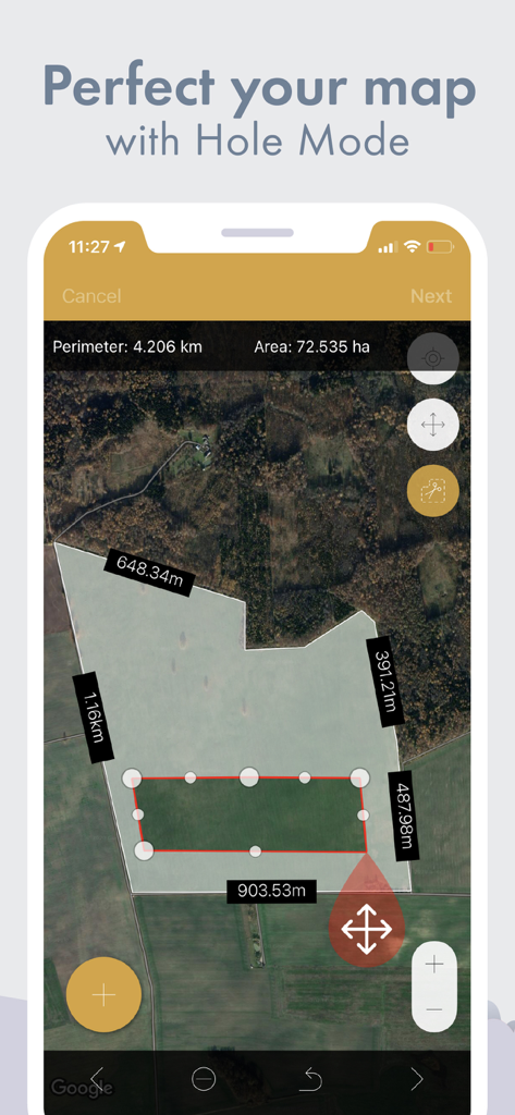 Satellite map view in GPS Fields Area Measure app using Hole Mode to exclude an internal area from total field acreage