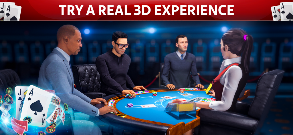 Players sitting at a realistic 3D blackjack table with a female dealer