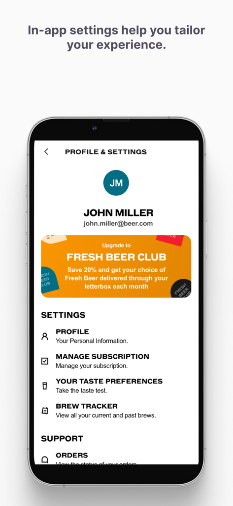 Pinter App - Schermata del profilo e delle impostazioni dell'app Pinter che mostra le informazioni dell'utente e le preferenze di produzione
