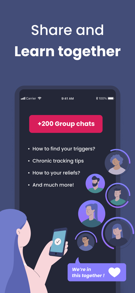 Migraine Buddy: Track Headache - Pantalla de la aplicación Migraine Buddy que muestra chats grupales y apoyo comunitario para compartir desencadenantes de migraña y consejos de seguimiento.