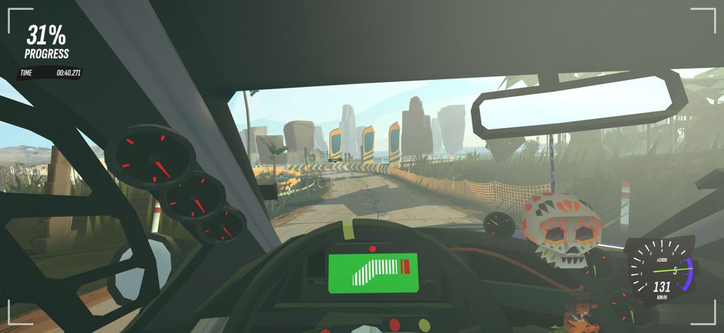 #DRIVE Rally - Vista de cabina en primera persona desde el interior de un coche de rally, mostrando el salpicadero y una pista escénica en DRIVE Rally.