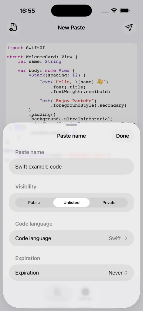 PasteMe app screen showing configuration options for a new paste including visibility and code language settings