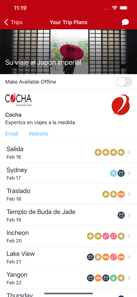 Cocha mobile app screen showing a detailed travel itinerary with daily activities and an offline mode toggle