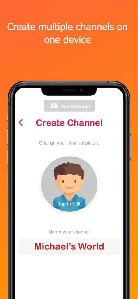 VidKids: Make Fun Videos! - VidKids app interface showing the Create Channel screen for a child user named Michael