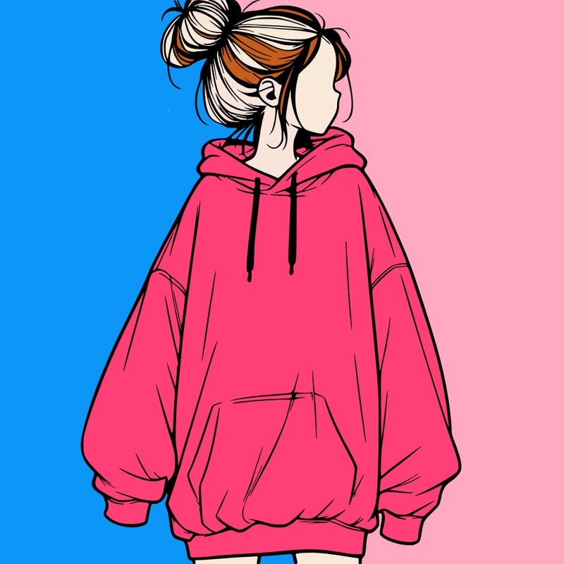 realistic girl with a oversized sweatshirt on and a bun