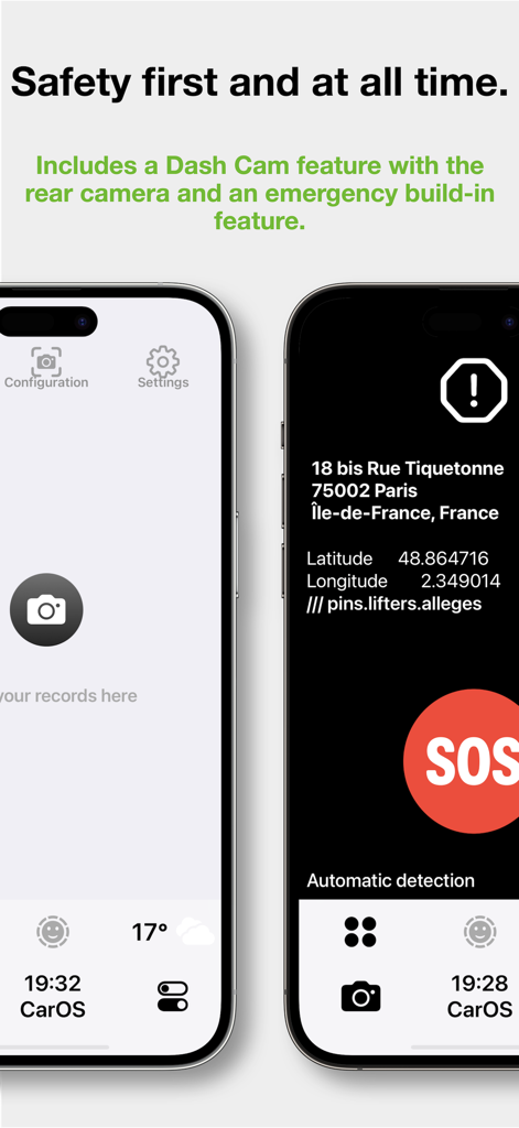 CarOS · Smart Dashboard - Interfaz de la aplicación CarOS mostrando la dashcam integrada y la función de SOS de emergencia con seguimiento de ubicación en tiempo real