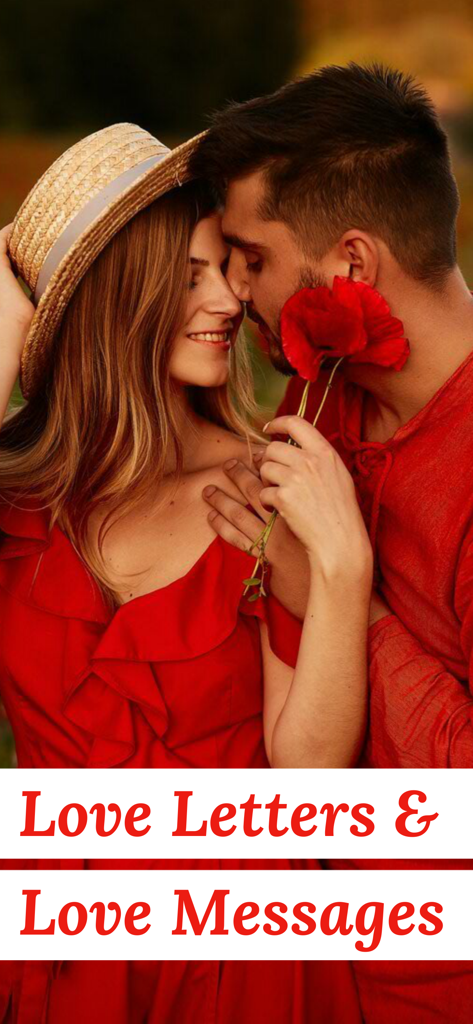 A romantic couple sharing a flower with the text Love Letters and Love Messages