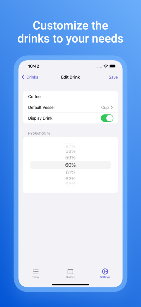 My Water Tracker+  Waterminder - Interfaz para personalizar el porcentaje de hidratación y los tipos de recipientes para diferentes bebidas en la aplicación Waterminder
