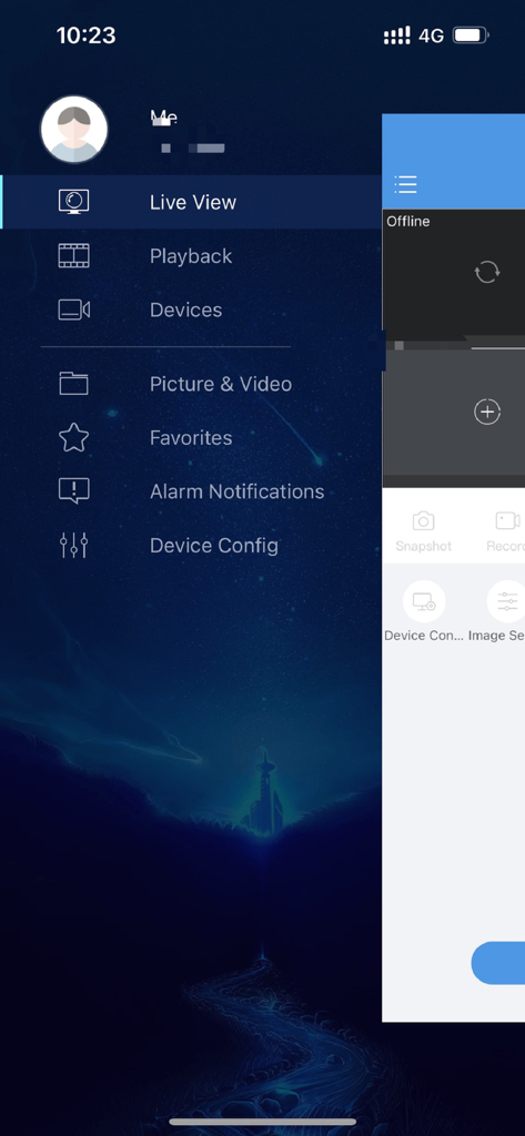 InVid Vision - InVid Vision mobile app navigation menu showing surveillance options like Live View and Alarm Notifications