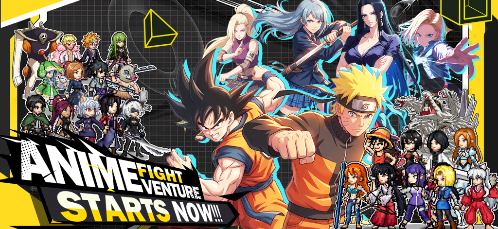 Pixel Anime Rumble - Promotional banner for Pixel Anime Rumble game featuring various anime characters in pixel art and high-resolution styles with the text Anime Venture Fight Starts Now