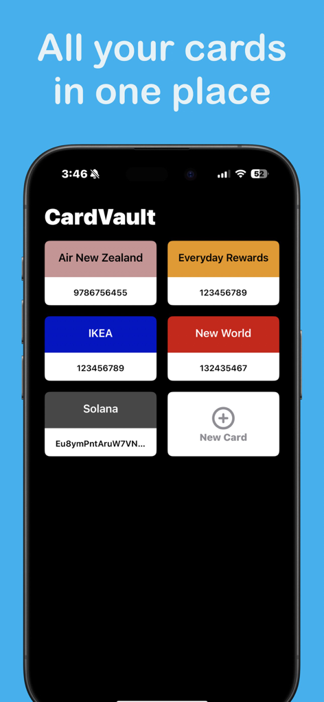 CardVault - Pantalla de smartphone que muestra la aplicación CardVault con una cuadrícula limpia de tarjetas de fidelidad digitales codificadas por colores