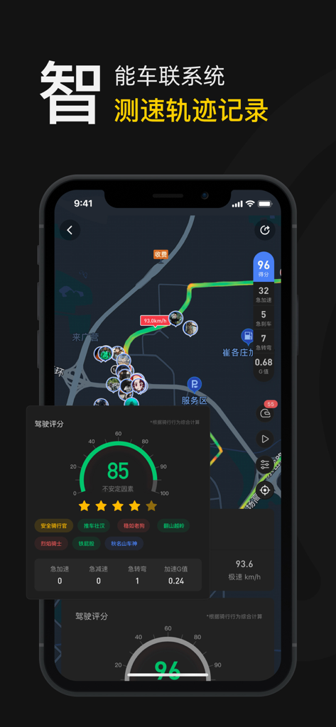 Una pantalla de smartphone que muestra la aplicación Motoband con seguimiento GPS de rutas de motocicletas y una puntuación de rendimiento de conducción