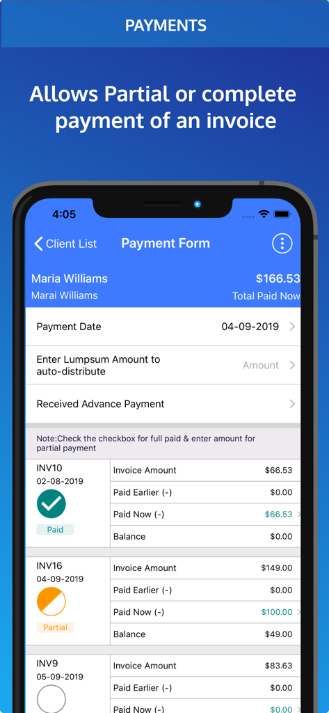 Invoice Pro. Invoice on the go - Mobile app screen showing payment form with options for recording full and partial invoice payments