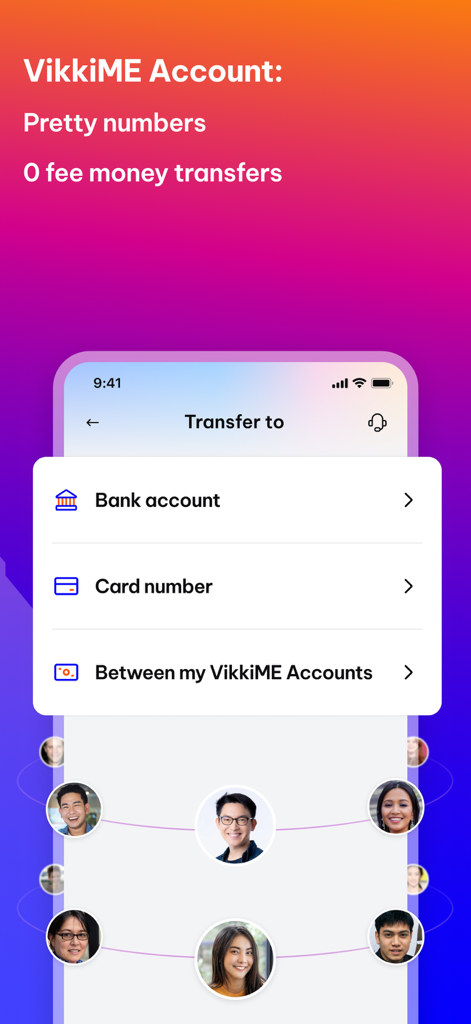 Vikki - Ngân hàng Số - Vikkiデジタルバンクアプリの画面、銀行口座やカード番号への手数料無料送金オプションを表示