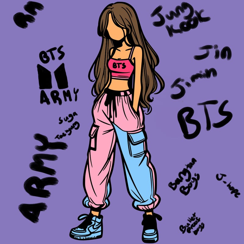 girl in baggy pants crop top and long hair