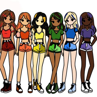 a group of girls wearing crop tops and shorts