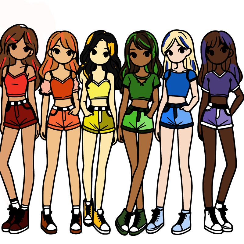 a group of girls wearing crop tops and shorts