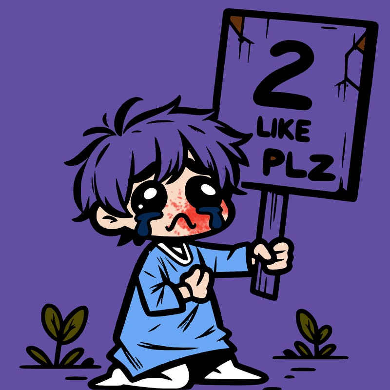 small poor toddler crying with sign that says 2 like plz