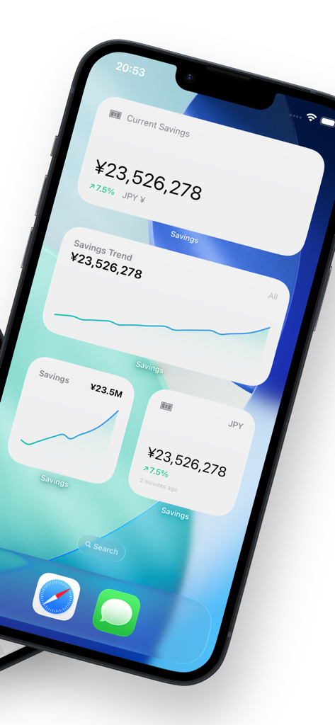 Savings - Track Your Money - iPhone home screen displaying multiple financial widgets showing savings balance and growth charts